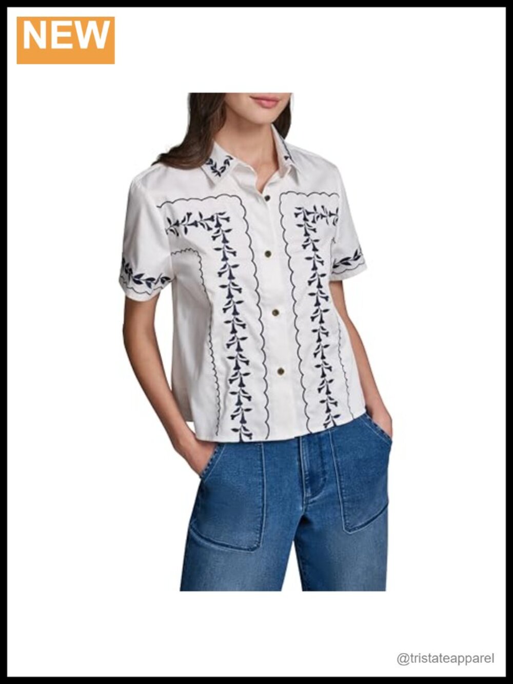 Karl Lagerfeld Floral Embroidery Blouse Cotton Spandex Short Sleeve